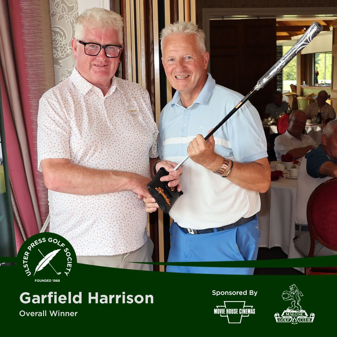 UlsterPressGolf's tweet photo. 👏🏻 Well done to Garfield Harrison on winning the top prize at a very sunny Malone Golf Club. He finished just ahead of Andy Bligh, who also celebrated a hole in one at the 15th. ⛳️
Big thanks to our kind sponsor @moviehouseni 
See more - https://t.co/QgMCrFLAbT https://t.co/XZitU03a3s