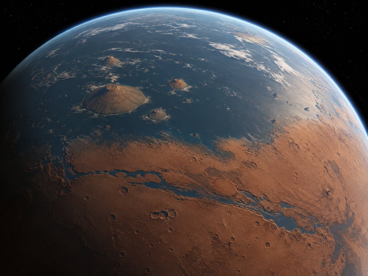 marscoinfun's tweet photo. Marscoin v2 is currently being built and shall be shipped within the hour. 

Next on $MARS : Terraforming.

Mars sits almost exactly at the triple point of water — 610 Pa ambient vs 611.657 Pa needed for liquid. Which means in the deep basins, it's already over the line. Hellas is at ~1,200 Pa right now.

We have NASA's laser-altimeter elevation for every point on the planet. So we can compute exactly where the waterline sits.

Raise global pressure with compute → the line rises → the northern lowlands flood.

Same basin the ancient ocean was in.

And it decays. MAVEN clocked Mars losing atmosphere to the solar wind at 1–2 kg/s. Stop computing and the shoreline recedes.