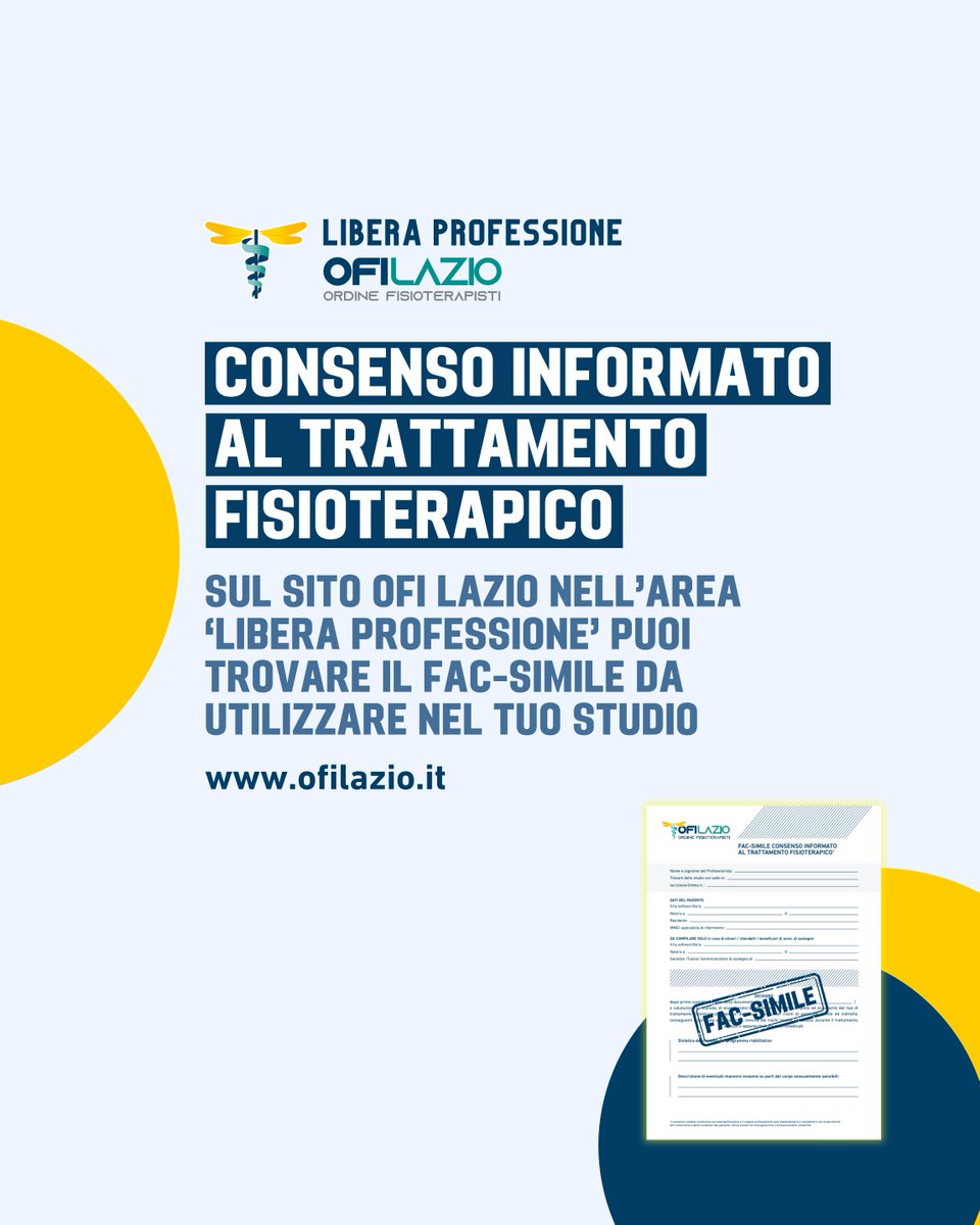 ofilazio's tweet photo. 📄 Sul sito OFI Lazio nell’area ‘Libera Professione’ puoi trovare il fac-simile del ‘consenso informato al trattamento fisioterapico’ da utilizzare nel tuo studio.

Clicca qui 👉 https://t.co/E9hV38yNJS https://t.co/hJ3UHWo00n