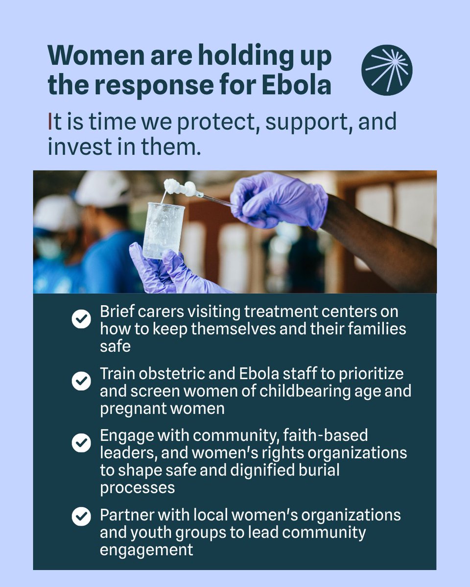 womeninGH's tweet photo. Women are holding up the Ebola response every day—as health workers, caregivers, and community leaders.
Now it's time to: 
✔️ Equip carers with lifesaving information.
✔️ Prioritize women's health.
✔️ Center women in community engagement.
#WomenInGlobalHealth #Ebola #GlobalHealth https://t.co/agsMm8WdWw