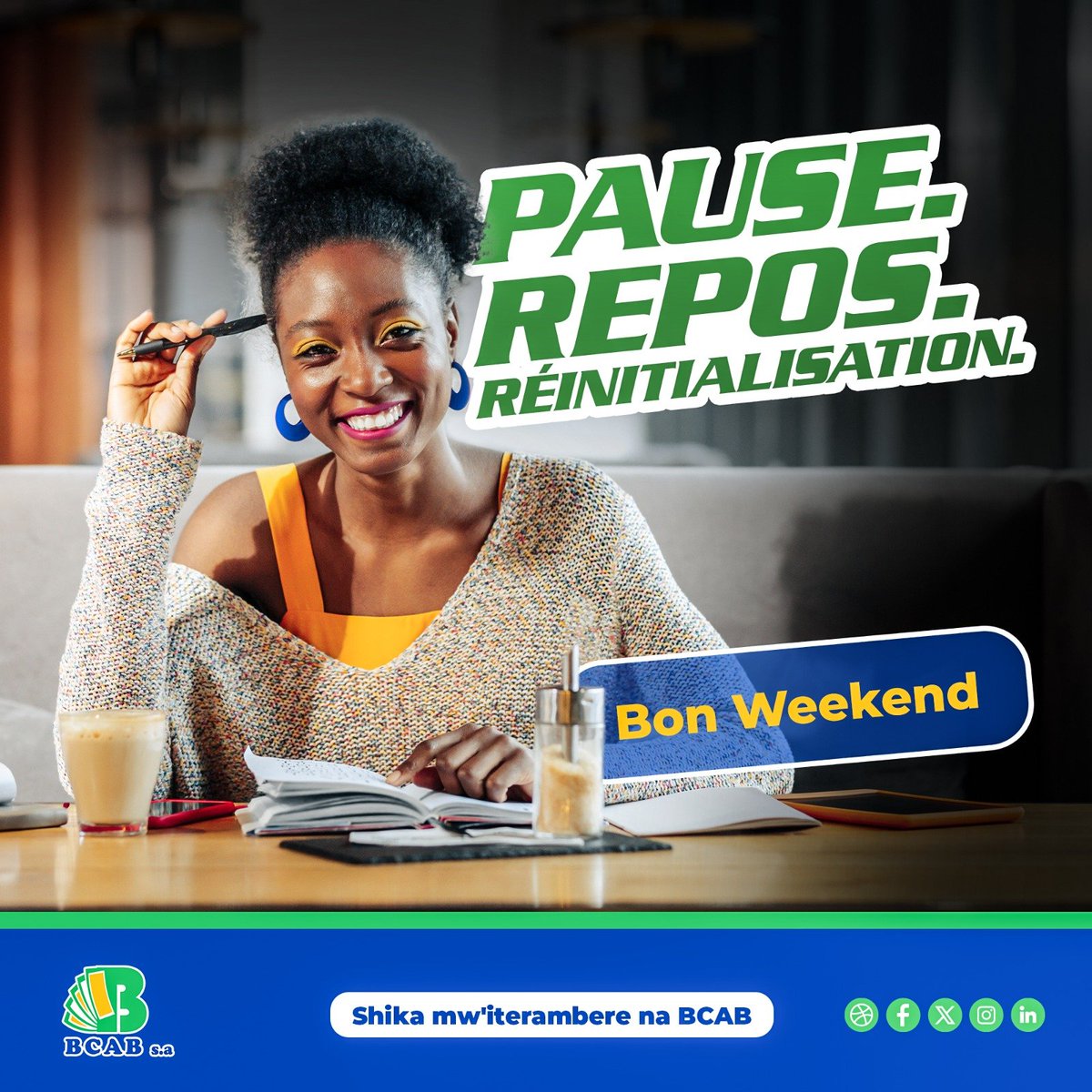 BcabBank's tweet photo. LA https://t.co/0rHWVpvDTK vous souhaite un weekend de tout repos.

#BCAB #shikamwiteramberenaBCAB https://t.co/XPkGQv1NhN