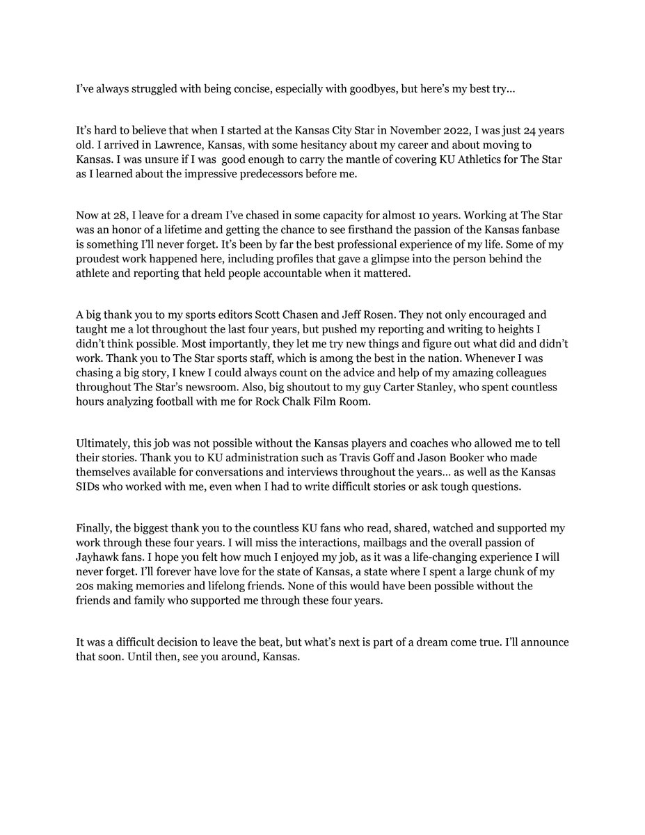 shre98's tweet photo. I'm leaving the @KCStar.

In a month, I'll start a dream I've chased for almost ten years.

Covering the Kansas Jayhawks has been the honor of a lifetime. https://t.co/fSNFG7eqhu