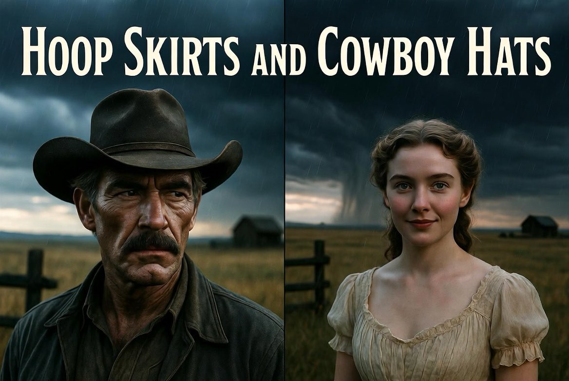 Sir_Charlsss's tweet photo. Hoop Skirts and Cowboy Hats: The Cattle Drive

The morning came earlier than either of them wished.

Before the rooster had finished announcing the dawn, the cowboys were already gathering their horses, checking saddles, and counting the herd. A week’s cattle drive stretched before them—dusty trails, river crossings, long days beneath the prairie sun, and quiet nights beneath a blanket of stars.

She stood by the white fence with her hands folded around the top rail, her plain prairie dress moving gently in the morning breeze.

He tipped his weathered cowboy hat.

No promises were spoken.

None were needed.

“I reckon I’ll be back before next Sunday,” he said with a smile that carried more hope than certainty.

“I’ll be looking toward this road,” she answered softly.

He nodded once.

The horses stepped forward, the herd began to move, and soon the steady rhythm of hooves and lowing cattle drifted across the open range. Every few moments he glanced over his shoulder.

She was still standing there.

Not waving now.

Just watching.

Long after he disappeared beyond the rise, she lingered by the fence, listening to a silence that somehow still sounded like him.

Each evening that week she found herself sitting on the porch as the sun slipped low behind the hills. Sometimes she read a favorite passage of Scripture. Sometimes she stitched quietly. Sometimes she simply watched the road, wondering where the herd had bedded down that night.

Out on the trail, after the cattle had settled and the campfire burned low, he would lean back against his saddle beneath the stars. Around him the other cowboys laughed, swapped stories, and drank coffee from blackened tin cups.

His eyes always wandered east.

Toward home.

Toward a little farmhouse.

Toward a porch where he imagined someone might be looking west at the very same sky.

The prairie seemed smaller somehow when two hearts were measuring the same distance.

A week isn’t long in the life of a rancher.

But when someone has quietly become part of your every ordinary day…

Seven sunsets can feel like a season.