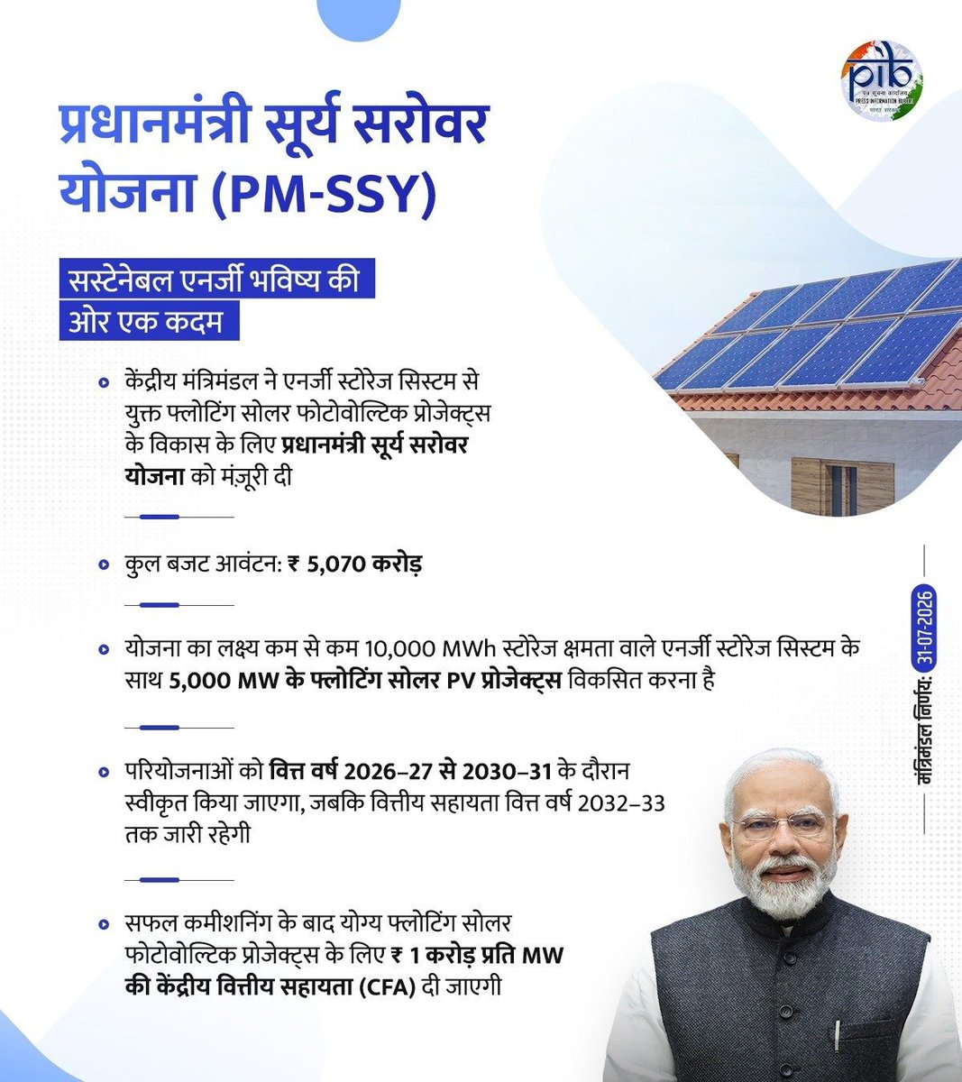 JPNadda's tweet photo. आदरणीय प्रधानमंत्री श्री @narendramodi जी के नेतृत्व में केंद्रीय कैबिनेट द्वारा ₹5,070 करोड़ की प्रधानमंत्री सूर्य सरोवर योजना (PM-SSY) को मंजूरी दी गई है। यह अभूतपूर्व निर्णय ऊर्जा क्षेत्र में आत्मनिर्भर भारत के संकल्प को साकार करने की दिशा में एक ऐतिहासिक कदम है।

5,000 मेगावाट की फ्लोटिंग सोलर परियोजनाओं तथा 10,000 मेगावाट-घंटे की ऊर्जा स्टोरेज क्षमता के विकास से स्वच्छ ऊर्जा उत्पादन को नई गति मिलेगी। इससे बिजली आपूर्ति की विश्वसनीयता बढ़ेगी, कार्बन उत्सर्जन में कमी लाने में सहायता मिलेगी तथा जलाशयों का अधिक प्रभावी उपयोग सुनिश्चित होगा।

यह ऐतिहासिक निर्णय भारत को हरित ऊर्जा महाशक्ति बनाने की दिशा में एक महत्वपूर्ण मील का पत्थर सिद्ध होगा। इस दूरदर्शी एवं जनहितैषी निर्णय हेतु प्रधानमंत्री मोदी जी का हार्दिक आभार।

#CabinetDecisions