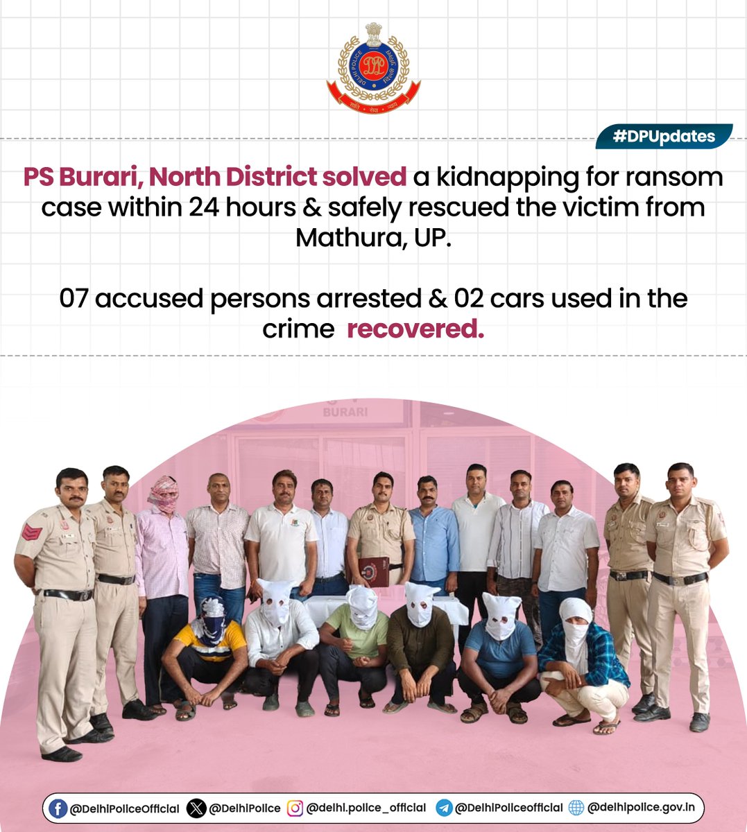 DelhiPolice's tweet photo. Team of PS Burari, @DCPNorthDelhi solved a kidnapping for ransom case & arrested 07 accused persons from Mathura, UP.

The accused allegedly kidnapped the victim & demanded ₹1.20 crore ransom for his release.

Technical surveillance & multiple raids led to the victim’s safe rescue from Vrindavan, Mathura.

Recovered: 02 cars used in the crime, victim’s mobile phone, SIM card & ATM card.

@LtGovDelhi

#DPUpdates