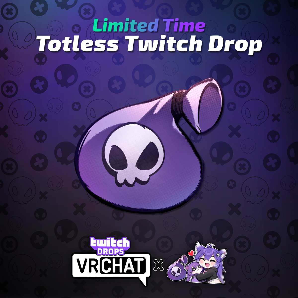 VRChat's tweet photo. The rumors are true... we're trying out Twitch Drops!

Get your first-ever VRChat Twitch Drop! 

Tune into Totless' stream for some time and you'll be able to redeem a "totsHug" emoji in VRChat. 

This Drop is only eligible for today's Totless stream at 1PM PT, so don't miss out! 

💀https://t.co/1aRDbNqeyj