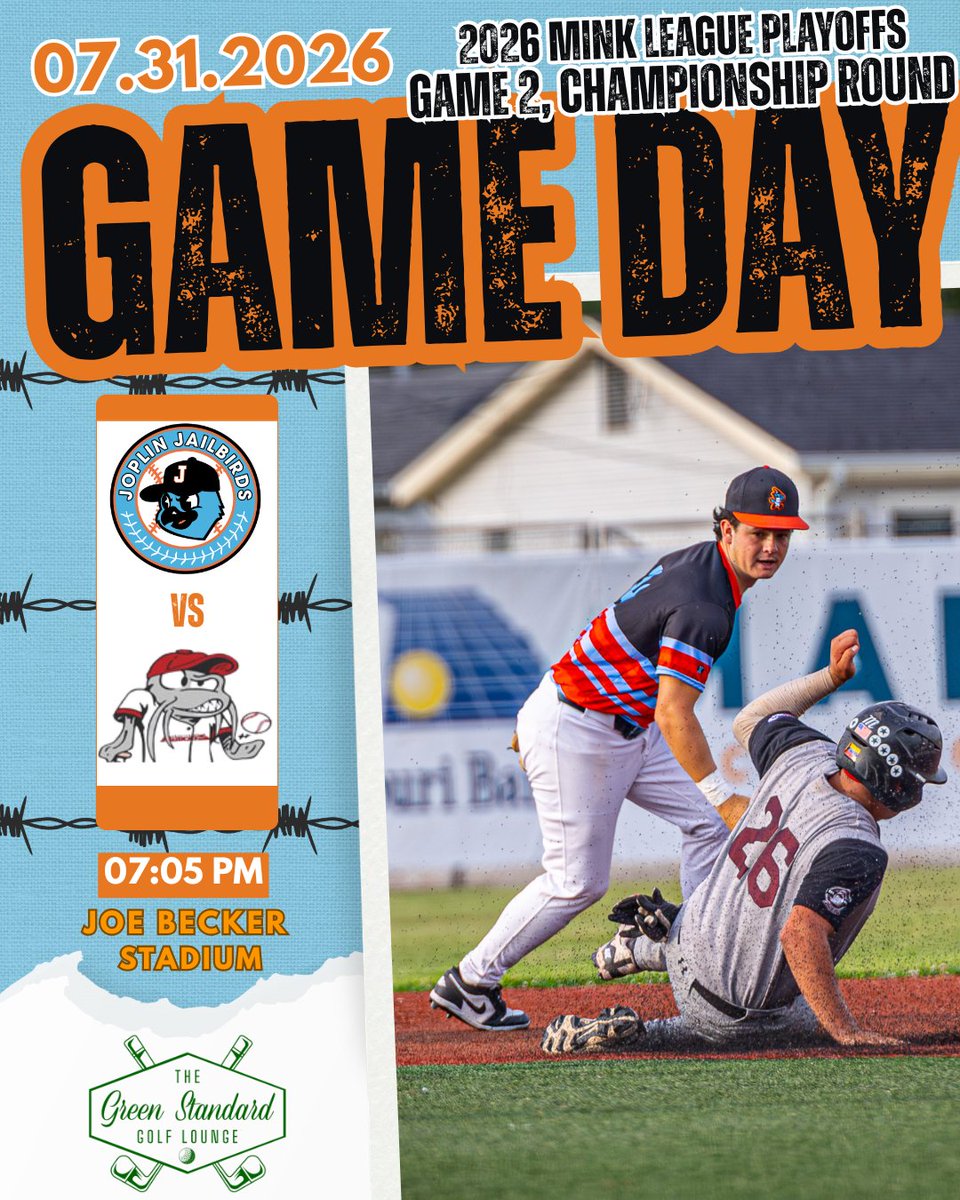 JoplinJailbirds's tweet photo. Let's do this! Game Day post brought to you by The Green Standard Golf Lounge
Game two against the Chillicothe Mudcats is at home at Joe Becker tonight - First Pitch is at 7:05PM.
Tickets are $10 today - online or cash at the gate! - https://t.co/AWC7wUsOPX
#BreakOutPostSeason https://t.co/zijAgGwbXa