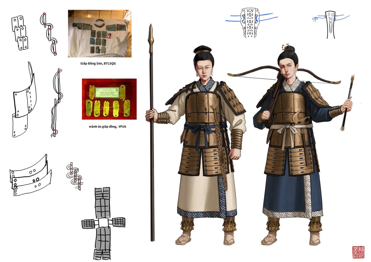 k0ushou's tweet photo. my rescontruction of Dong Son culture armor. 
originally i wanted to draw Trung sisters, but I used artifacts dated too early. Trung sisters attire in reality would have been more 'Han-like' than what I created here https://t.co/N2wKDJDPOW