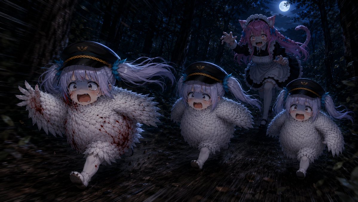professormoriya's tweet photo. ３匹のフクロウと猫メイド⑫最後

メアミ「食べすぎて空飛べないよ～」

メアタ「羽が痛くて飛べない！」

メアコ「森で拾った宝物（スマホ）が重くて飛べないよ～」

さくな「まって！私の夕飯たち～」

３匹　「僕／私達、美味しくなよ～」
#さくなあーと
#めあArt
#AIart https://t.co/2prhMaDnr8