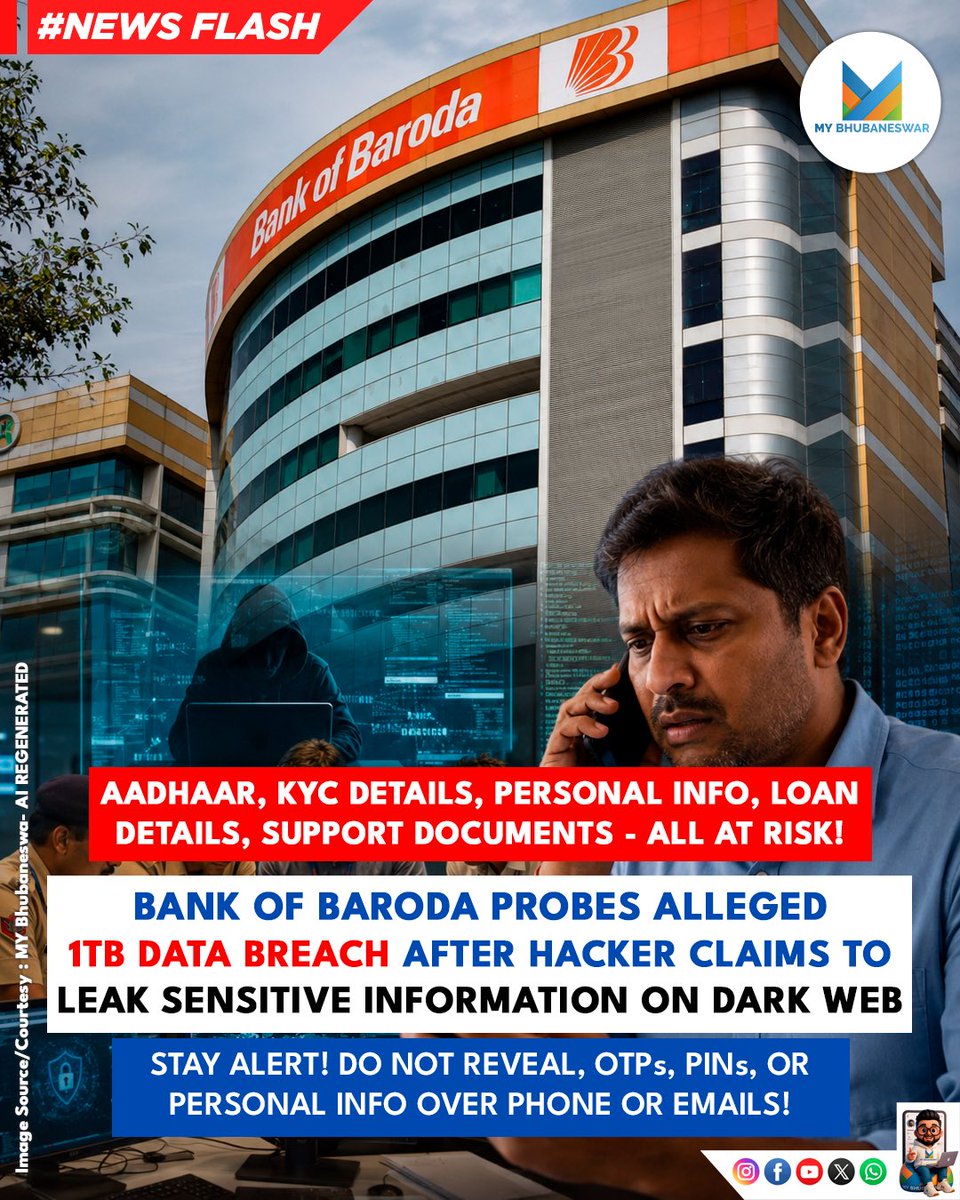 MYBBSR's tweet photo. BANK OF BARODA INVESTIGATES ALLEGED 1TB DATA BREACH AS HACKER CLAIMS TO LEAK SENSITIVE RECORDS ON DARK WEB.

Know more @ https://t.co/oAKVCthF3D

#mybhubaneswar Share and Stay Updated ❣️ https://t.co/EYIIBp588I