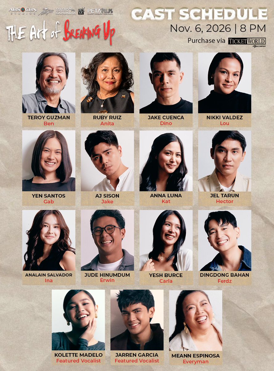 kapamilyateatro's tweet photo. Ito lang ang schedule na gusto naming i-commit mo. 

Official cast schedule is here!

Tingnan kung kailan mapapanood ang paborito mong cast, at siguraduhing naka-book na ang date mo sa The Art of Breaking Up.

#TheArtOfBreakingUp #TAOBU #TeatroKapamilya #StarMagic #TatakStarMagic https://t.co/2z2Jo8jED8