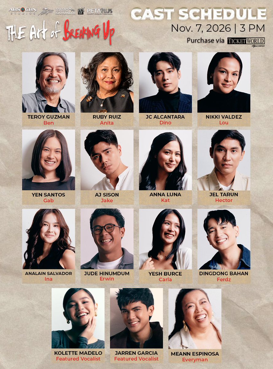 kapamilyateatro's tweet photo. Ito lang ang schedule na gusto naming i-commit mo. 

Official cast schedule is here!

Tingnan kung kailan mapapanood ang paborito mong cast, at siguraduhing naka-book na ang date mo sa The Art of Breaking Up.

#TheArtOfBreakingUp #TAOBU #TeatroKapamilya #StarMagic #TatakStarMagic https://t.co/2z2Jo8jED8