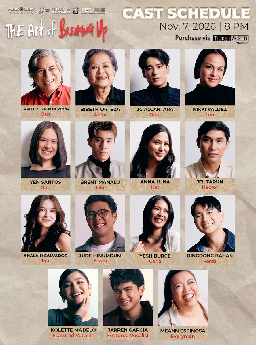 kapamilyateatro's tweet photo. Ito lang ang schedule na gusto naming i-commit mo. 

Official cast schedule is here!

Tingnan kung kailan mapapanood ang paborito mong cast, at siguraduhing naka-book na ang date mo sa The Art of Breaking Up.

#TheArtOfBreakingUp #TAOBU #TeatroKapamilya #StarMagic #TatakStarMagic https://t.co/2z2Jo8jED8