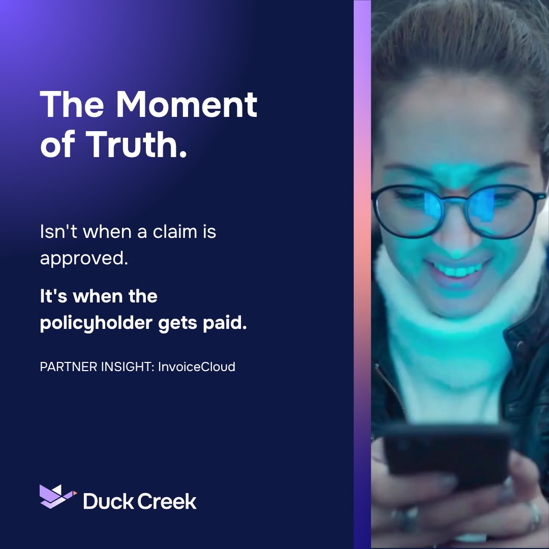 DuckCreekTech's tweet photo. The claims decision isn't the last impression. The claims payment is.

Fast, transparent payments build trust when it matters most. That's why connected claims and payment experiences matter.

Great insights from our partner @InvoiceCloud.

Read more 👇 https://t.co/Uzqw5XoWNd