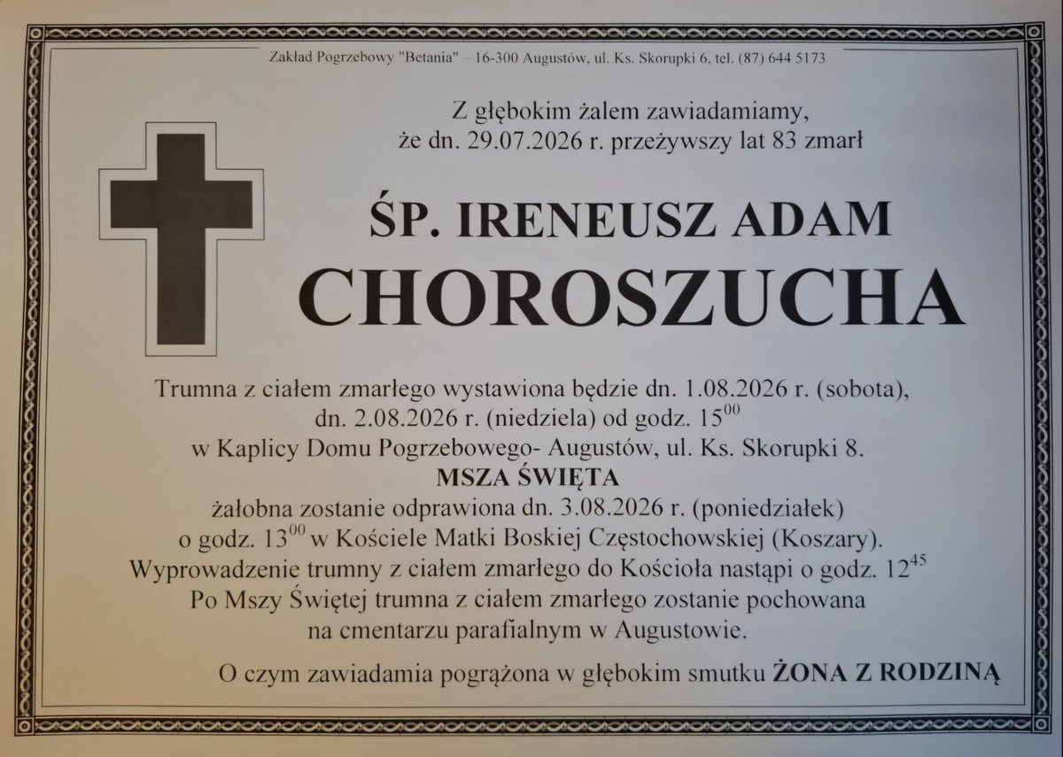 MagdalenaGawin1's tweet photo. Zmarł Pan Ireneusz Choroszucha, mąż Pani Bożeny Stankiewicz, lekarki, społeczniczki, Warszawianki i Augustowianki, gorącej rzeczniczki powstania Domu Pamięci Oblawy Augustowskiej. Niech spoczywa w pokoju. https://t.co/TdFu8N0smv