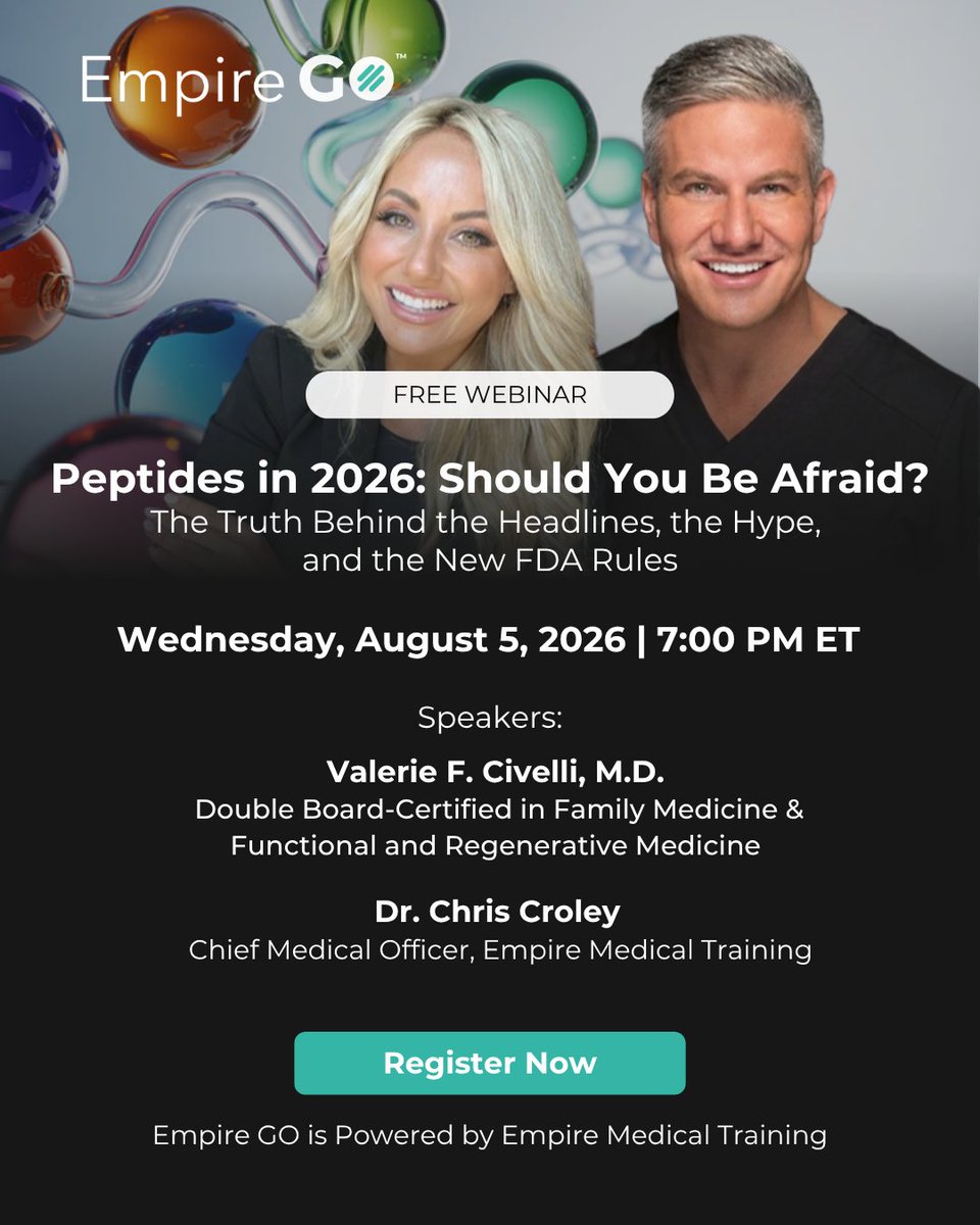 EmpireMedical's tweet photo. Join Dr. Valerie F. Civelli and Dr. Chris Croley for a FREE live webinar that separates fact from fiction and gives you the clarity every provider needs.
📅 Wednesday, August 5, 2026
 🕖 7:00 PM ET
>> https://t.co/sJFr4DeypV https://t.co/B67A2PNvqL