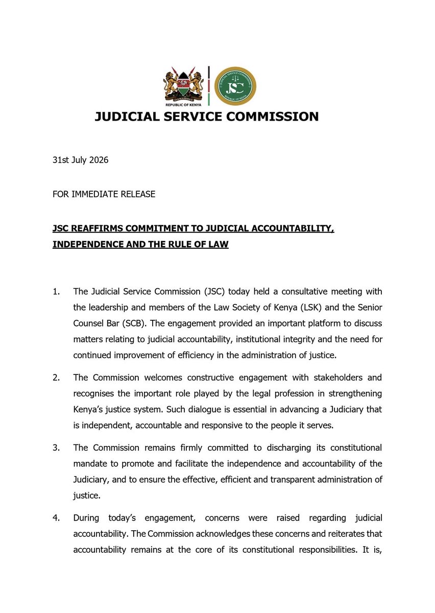 jsckenya's tweet photo. A statement by the Judicial Service Commission following an engagement with the Law Society of Kenya and the Senior Counsel Bar https://t.co/NkoA7FR4Ea