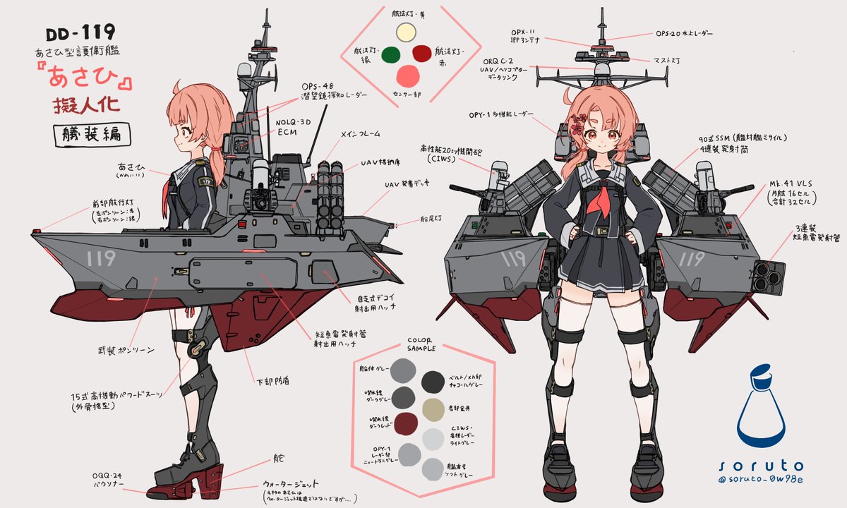 soruto_0W98e's tweet photo. #今月描いた絵を晒そうㅤ 
汎用護衛艦擬人化、航宙メカ娘、武装JK。

メカ娘と武装JKはどんどんシリーズになってきているので、艦船擬人化ももっともっと描いていきたいところ。

…実は一隻既に描き進めてたりします。お楽しみに〜 https://t.co/HLe98nsrny