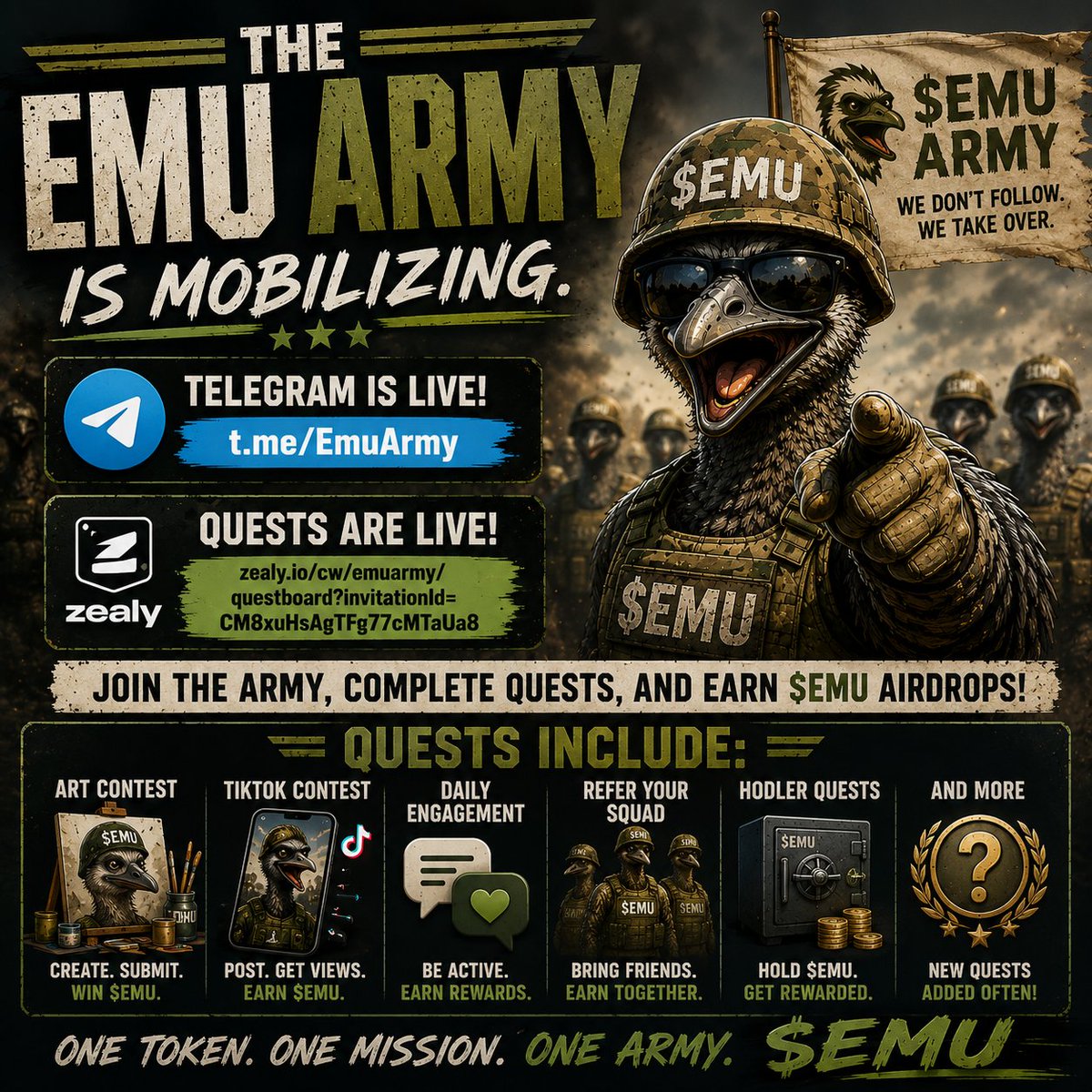 EmuWarOfficial's tweet photo. The Emu Army is mobilizing. 🪖🐓

✅ Telegram is live: https://t.co/qQmm3SnyFS
✅ Zealy quests are live: https://t.co/SiQNzgoCLQ

Join the army, complete quests, and earn $EMU airdrops. https://t.co/BvvzdhxjLm