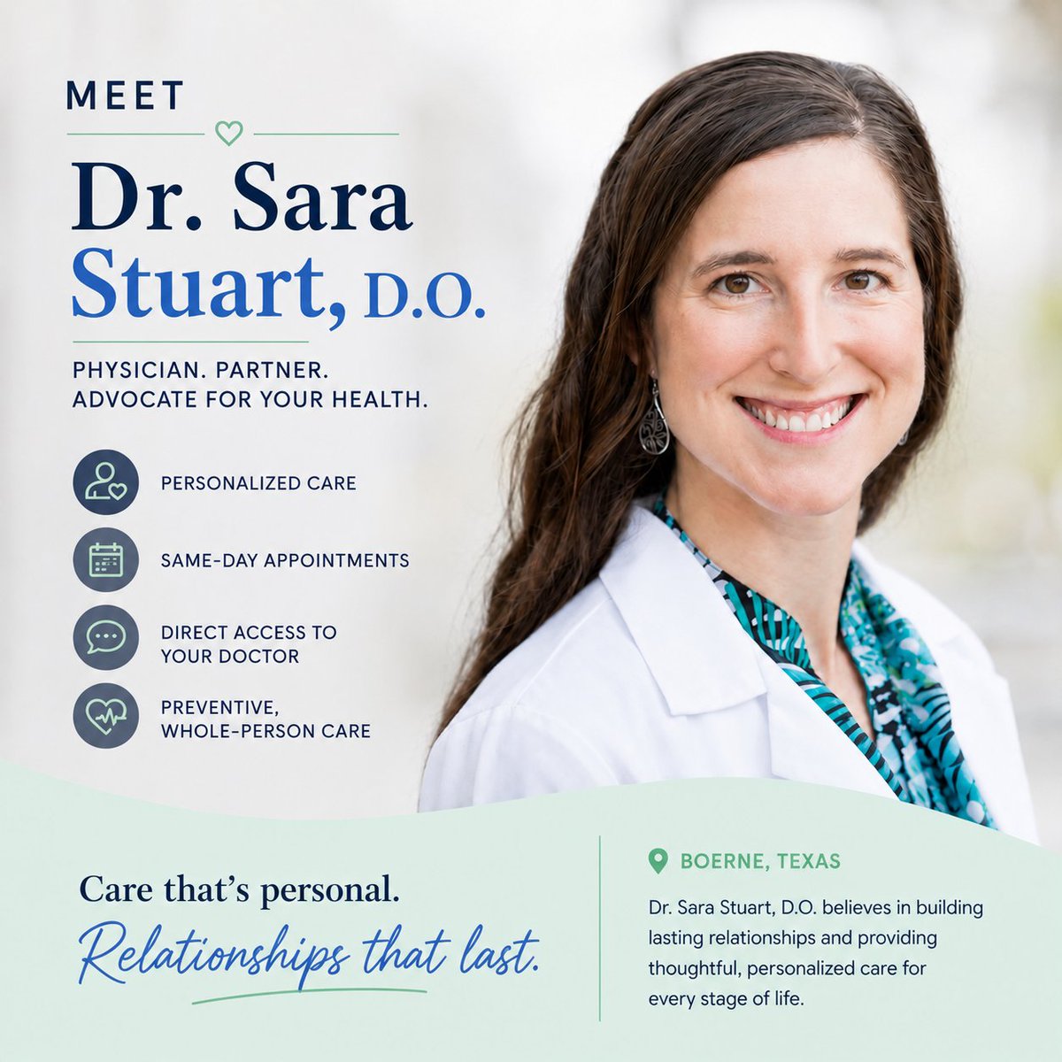 CiboloFM's tweet photo. Meet Dr. Sara Stuart, .

Relationships matter.

At Cibolo Family Medicine, Dr. Stuart provides personalized care with longer appointments, direct physician access, and preventive healthcare.

#DirectPrimaryCare #Boerne #FamilyMedicine #Healthcare https://t.co/1ndzl4cP4o