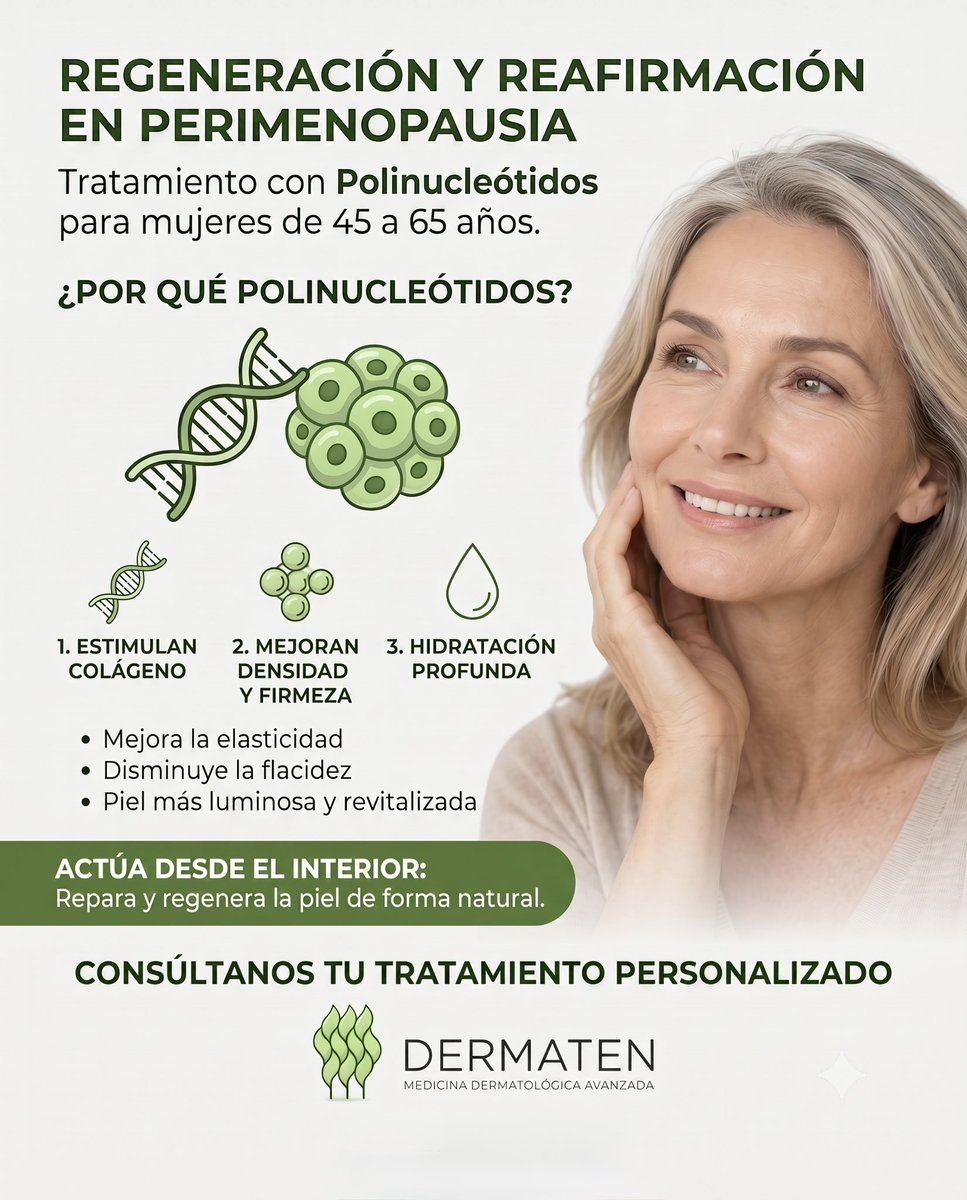 clinicadermaten's tweet photo. ✨ Polinucleótidos: cuidar hoy para una piel más firme, luminosa y saludable mañana.

Desde la prevención en mujeres jóvenes hasta la regeneración y reafirmación durante la perimenopausia, adaptamos el tratamiento a las necesidades de cada piel. 💚

🌿 Tu piel cambia. https://t.co/d1MfIakENT