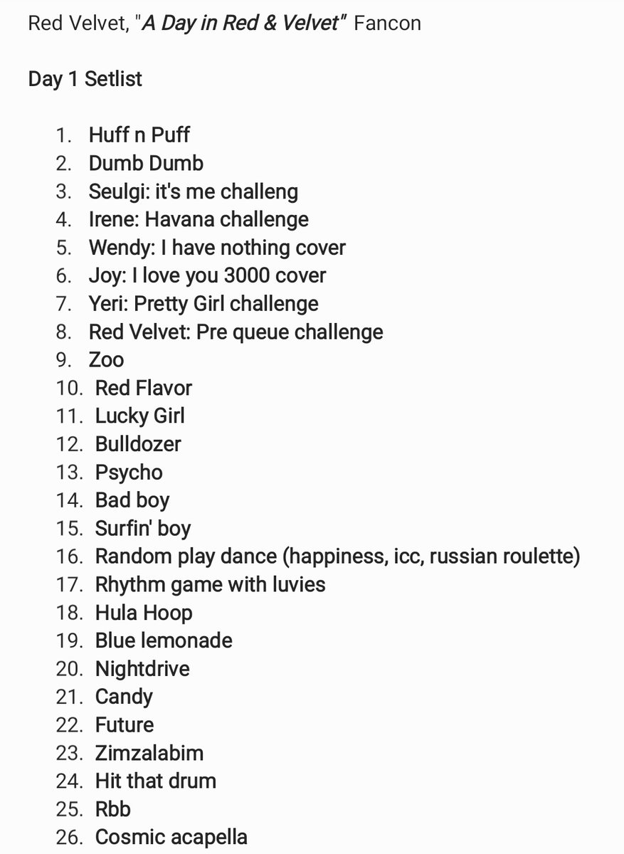 revevante's tweet photo. this is not just a setlist, this is a whole heavenly musical experience 

#RedVelvet_FANCON
#RedVelvet_ADayinRedandVelvet https://t.co/WQMVnufl16