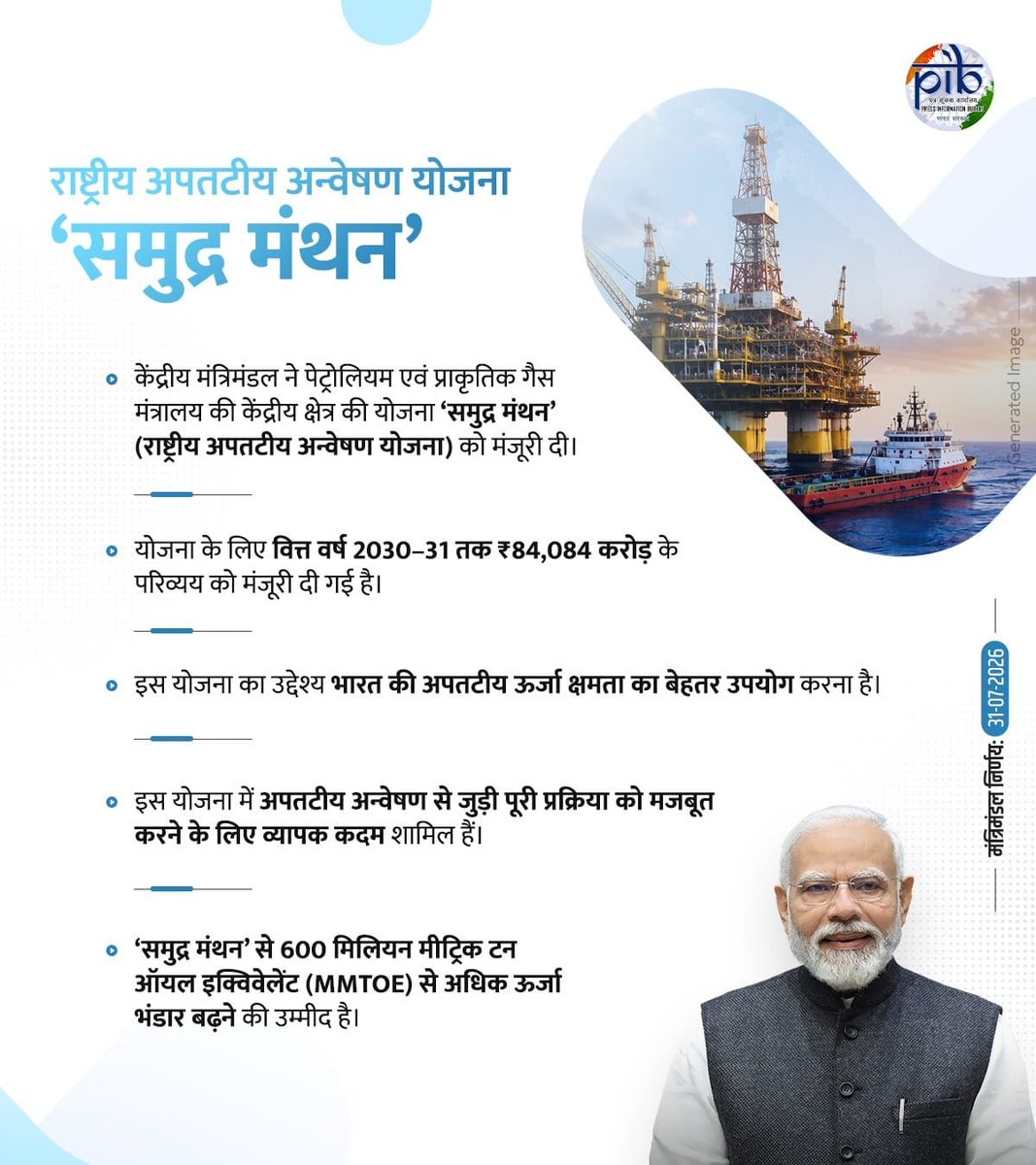 ramvicharnetam's tweet photo. आदरणीय प्रधानमंत्री श्री @narendramodi जी के नेतृत्व में केंद्रीय कैबिनेट ने ₹84,084 करोड़ के परिव्यय के साथ 'समुद्र मंथन' (National Offshore Exploration Scheme) को मंजूरी दी है।

यह योजना घरेलू तेल एवं गैस उत्पादन को बढ़ावा देकर, अपतटीय ऊर्जा संसाधनों के विकास को गति देगी और ऊर्जा क्षेत्र में आत्मनिर्भर भारत के संकल्प को और सशक्त बनाएगी।

#CabinetDecisions
