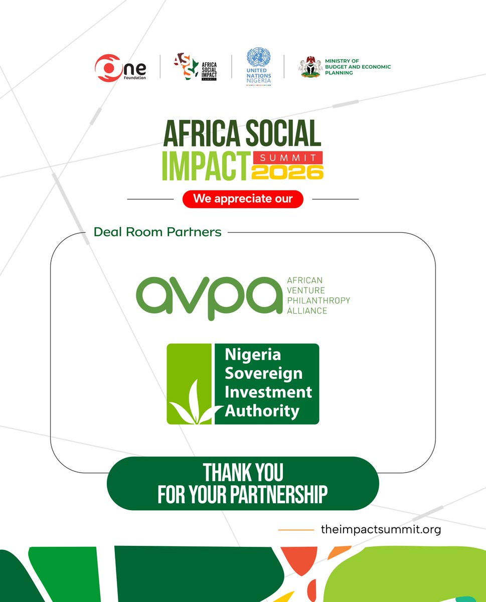 onefoundationng's tweet photo. Transformative ideas need more than ambition—they need the right partnerships and the right capital to thrive.

To our Deal Room Partners, the African Venture Philanthropy Alliance (AVPA) and the Nigeria Sovereign Investment Authority (NSIA), thank you for your invaluable partnership in advancing the vision of the Africa Social Impact Summit 2026.

By connecting visionary founders, social innovators, investors, and catalytic capital, you helped create opportunities where bold ideas could find the support needed to scale sustainable impact. Your leadership reinforced the importance of innovative financing in building resilient economies and accelerating Africa’s development.

Together, we demonstrated that the future of development is not only about raising capital, but about building the partnerships that turn promising solutions into lasting change.

Thank you for making #ASIS2026 a platform where purpose met investment, and potential met opportunity.

#ASIS2026 #AfricaSocialImpactSummit #FinancingForDevelopment #DealRoom #CatalyticCapital #PartnershipsForImpact