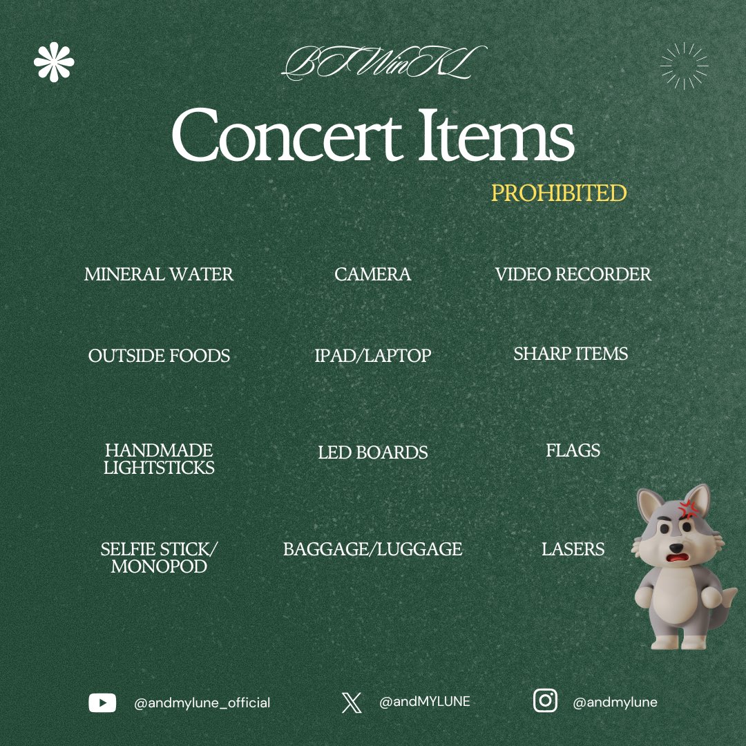 andMYLUNE's tweet photo. 📢 BLAZE THE WAY IN KUALA LUMPUR – Allowed &amp; Prohibited Items 🎒

Please take a moment to review the list of allowed and prohibited items before heading to the venue.

#BLAZETHEWAY_KUALALUMPUR https://t.co/TDfaUbYMA0