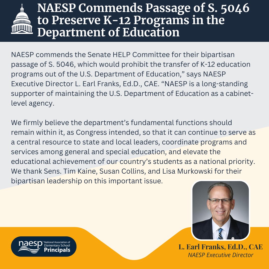 NAESP's tweet photo. Strong schools need strong support systems. S. 5046 helps safeguard key K-12 programs by preventing the transfer of vital Department of Education functions that serve students, families, and educators across the country. https://t.co/ZPqKualHSg https://t.co/UtrhYv5qaW