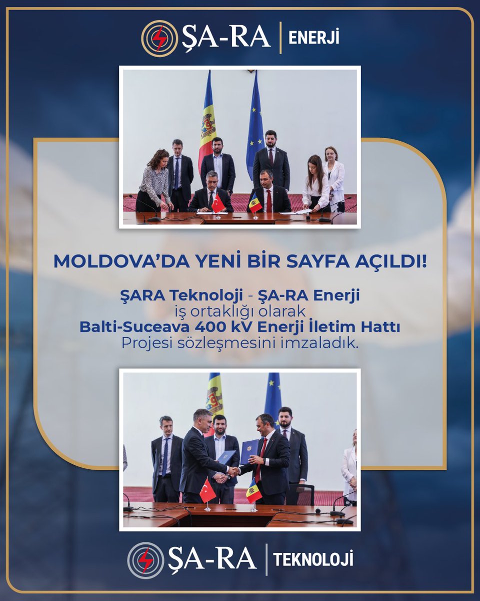 sarasirketler's tweet photo. Moldova'da yeni bir sayfa açıldı 🇲🇩🇹🇷

ŞARA Teknoloji & ŞA-RA Enerji iş ortaklığı olarak Balti-Suceava 400 kV Enerji İletim Hattı Projesi sözleşmesini imzaladık.

Moldova'nın Avrupa enerji pazarına entegrasyonunda kritik bir rol üstlenecek olan bu projede 17.567.731,78 Euro sözleşme bedeli ile 48 km'lik iletim hattının tasarımı, inşası ve Bălți trafo merkezinin modernizasyonunu gerçekleştireceğiz.

Avrupa Birliği, EBRD ve EIB'nin finansman desteğiyle toplam yatırım değeri 77 milyon Euro olan projenin 2028 yılında tamamlanması hedefleniyor.

Türkiye'nin enerji sektöründeki gücünü uluslararası arenaya taşımaya devam ediyoruz.

#ŞARAEnerji #ŞARATeknoloji #Moldova #EnerjiİletimHattı #Altyapı #GlobalProje