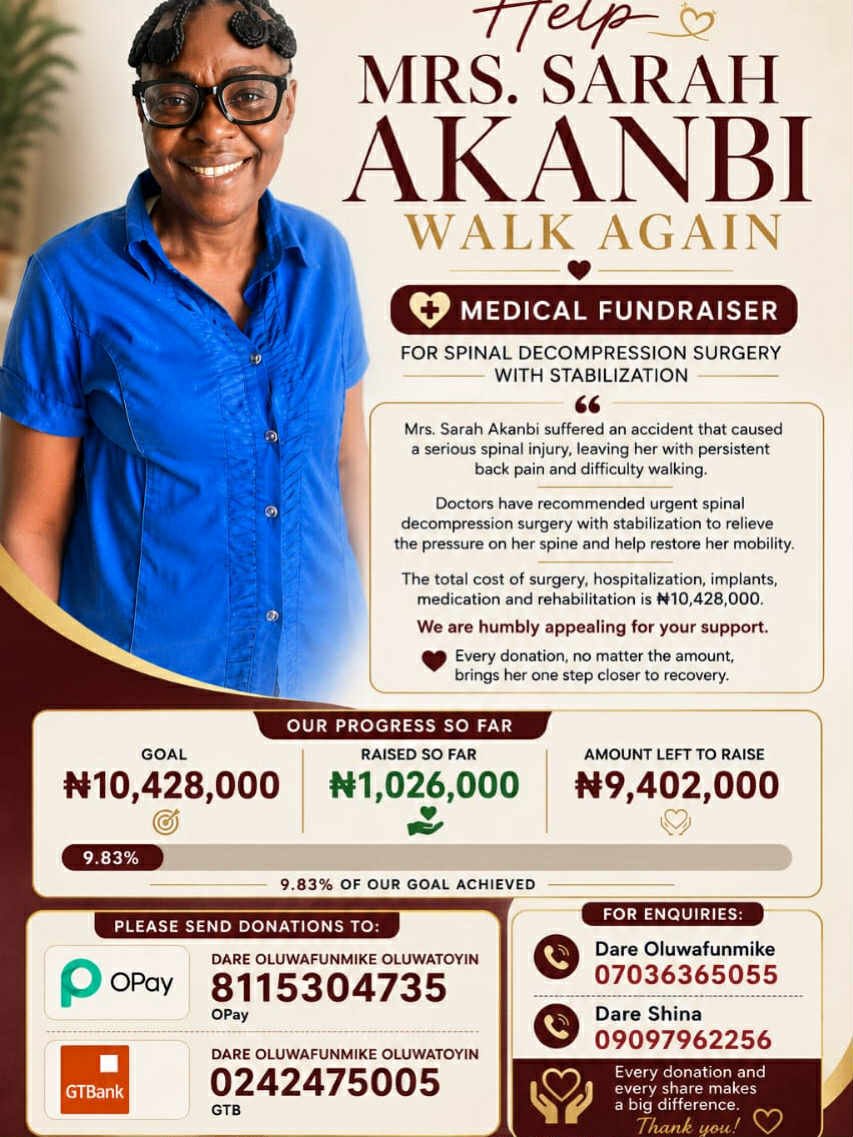 jonathanseun's tweet photo. Help MRS SARAH WALK AGAIN

We’ve come this far because of the kindness of so many people, but we still need help to get her surgery done.

Please help us amplify our appeal. Every repost, donation, and connection brings us closer to giving her the chance to walk again.

Thank you.

Please repost 

@Wizarab10 @the_beardedsina @aproko_doctor @Dare_funmike