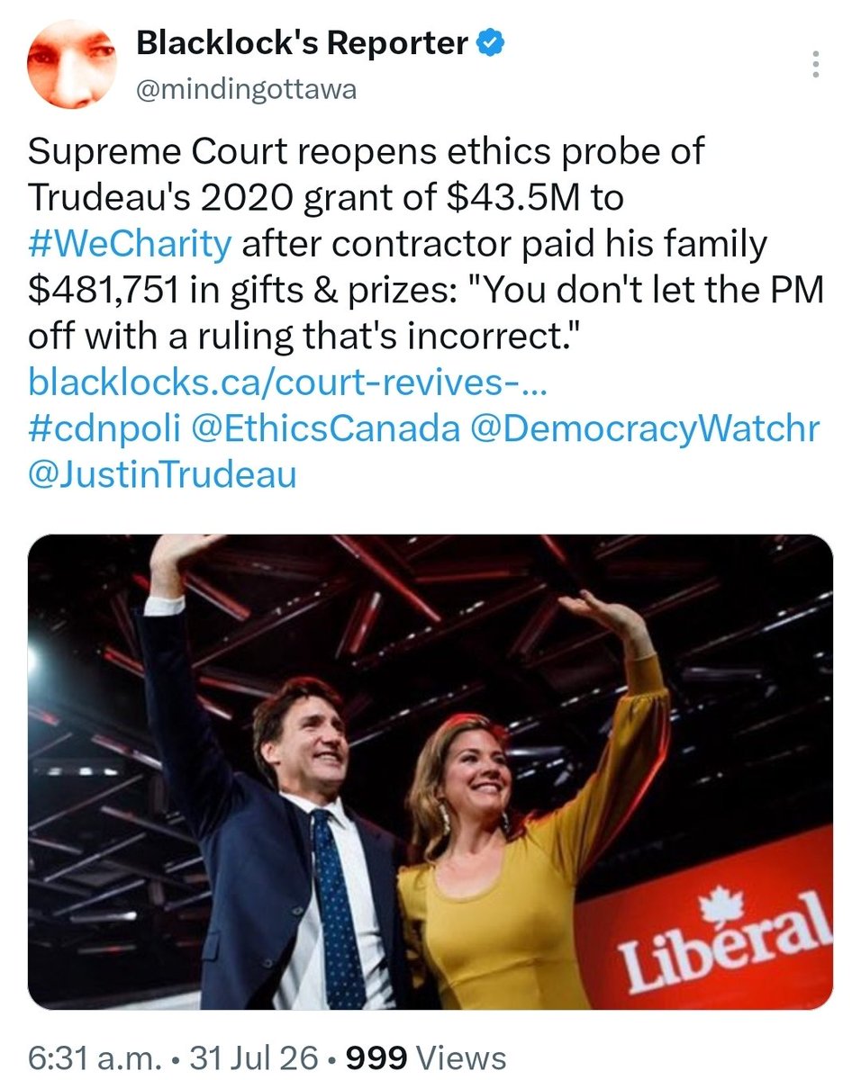 RosieRocks28's tweet photo. The fact the Supreme Court is re-opening an ethics probe into the WE scandal is recognition of the Institutionalized corruption that propped up Trudeau. 
As time passes, I suspect there will be more sober second looks at how Trudeau got away with all he did. https://t.co/Upk0I34GTg