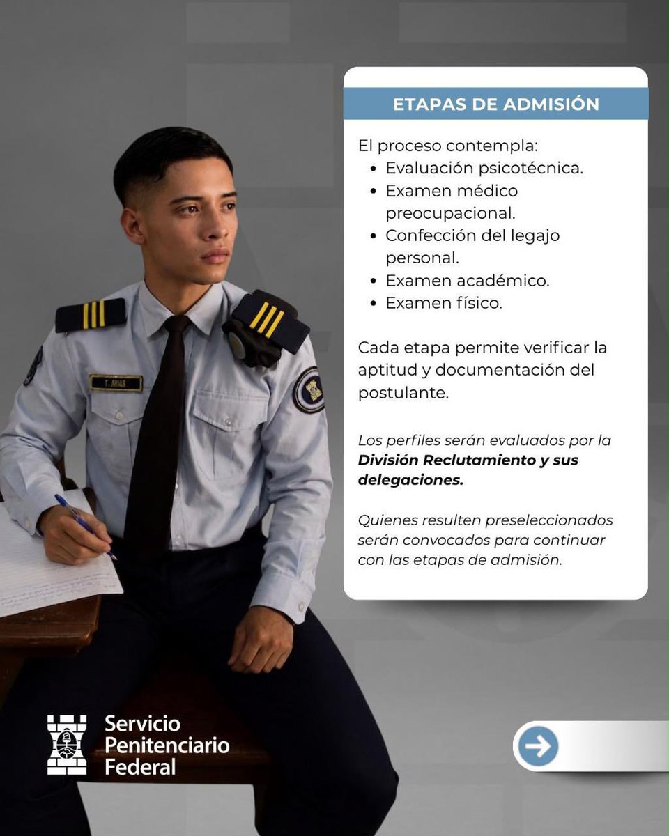 SPFArgentina's tweet photo. ¿Te gustaría formar parte del Servicio Penitenciario Federal?

Abrimos la convocatoria para aspirantes a Cadetes de la Carrera de Oficiales. 

Apostá a tu futuro. Sé parte del SPF. https://t.co/wPU9CbsLJb