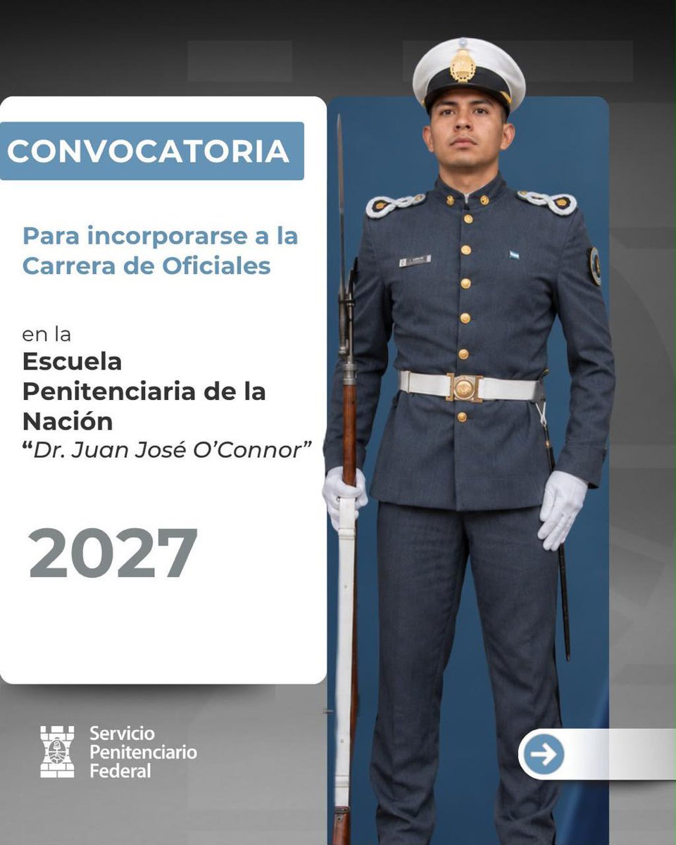 SPFArgentina's tweet photo. ¿Te gustaría formar parte del Servicio Penitenciario Federal?

Abrimos la convocatoria para aspirantes a Cadetes de la Carrera de Oficiales. 

Apostá a tu futuro. Sé parte del SPF. https://t.co/wPU9CbsLJb