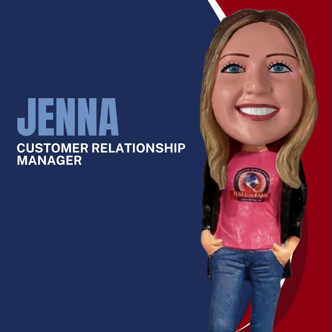 BobbleheadHall's tweet photo. Meet Jenna, our Customer Relationship Manager! 👋 She was a nurse before joining us, is a proud mom of three boys, loves to travel, and is a Diet Coke fan! 🥤 Her favorite bobble in the museum is the 6ft HOF Mascot Bobblehead, but her all-time fave is her custom wedding bobblehead with her husband. 💍
