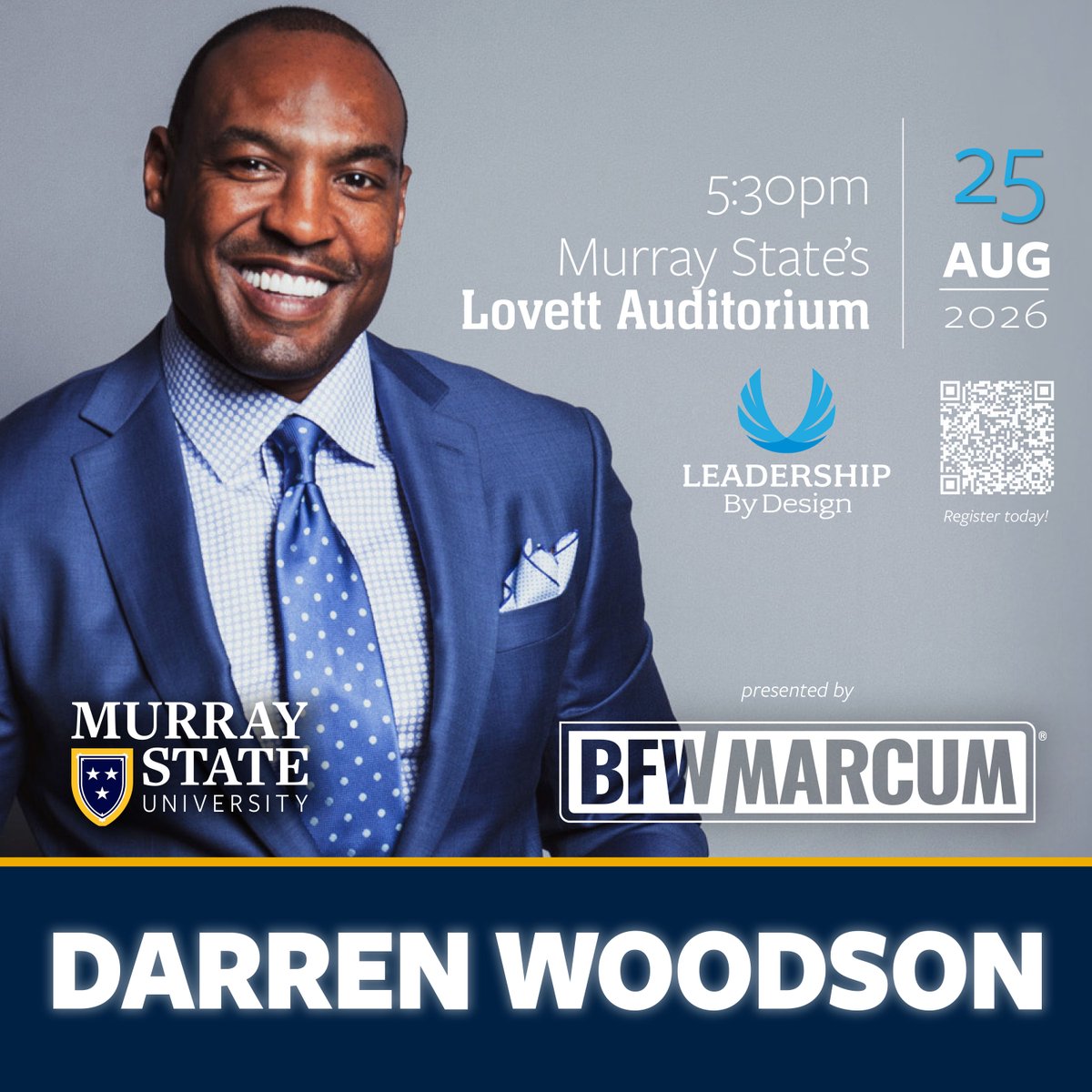 murraystateuniv's tweet photo. Join us for Leadership by Design featuring three-time Super Bowl champion Darren Woodson. Hear his presentation, "Creating Cultures of Excellence," in Lovett Auditorium on Aug. 25 at 5:30 p.m. Presented by BFW/Marcum. Free &amp; open to the public. Register: https://t.co/rf1nUHCATE https://t.co/4ZVc2xMFzu