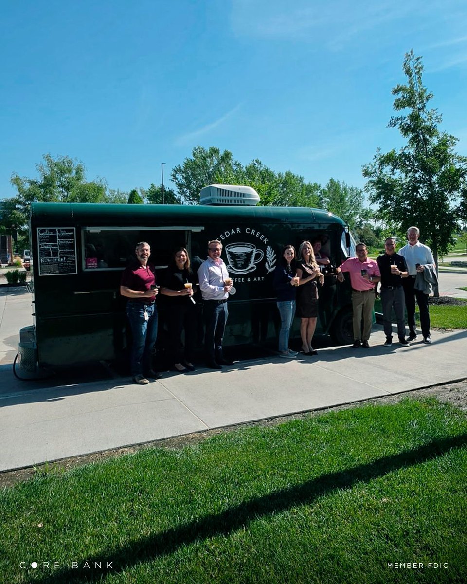 corebank's tweet photo. Goodbye July!

☕️ We had a visit from Cedar Creek Coffee &amp; Art, 📚 Our Book Club read Find Your Why, and we celebrated Exec VP Mike Rasmussen’s retirement — congrats, Mike! 🎉 

This August we’re collecting donations for Omaha Street School!🎒https://t.co/InlsplCjNL https://t.co/9HYpwJD7BA