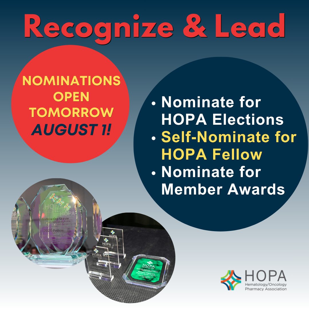 HOPArx's tweet photo. It's time to recognize &amp; lead - HOPA's election and awards season starts tomorrow, Saturday August 1! Nominate for HOPA Board positions and Member Awards (with 2 new categories added this year!), or Self-Nominate for HOPA Fellows. Find out more and apply: https://t.co/Hl513sd9Za https://t.co/6SwqXntald