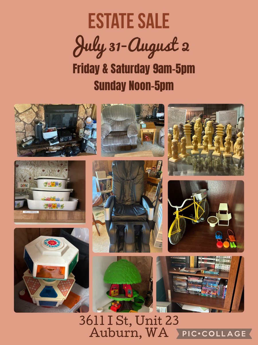 liztrayner's tweet photo. #EstateSale 

7/31-8/2 Fri &amp; Sat 9-5 Sun 12-5

40+ Chess Sets, Massage Chair, DVDs, Fisher Price, Vintage Barbie accessories, Christmas Village, Juke Box, CorningWare &amp; More! https://t.co/jzUANqx45T