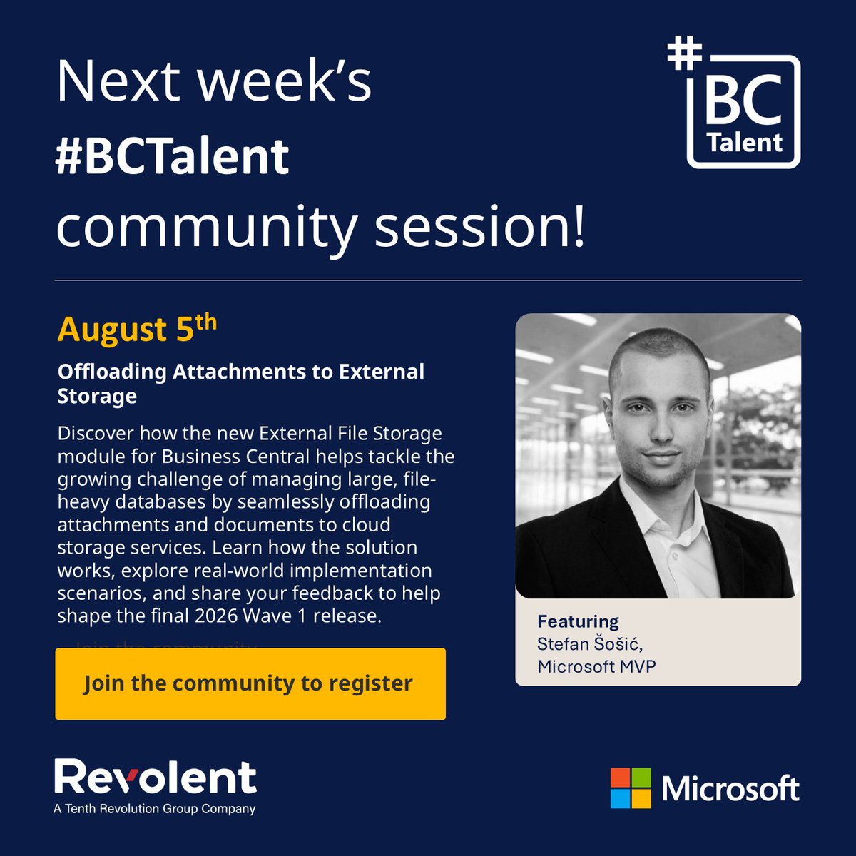 revolentgroup's tweet photo. Large file-heavy databases can slow performance and create unnecessary storage challenges in Business Central.

Join the #BCTalent community to access our August 5 session with Microsoft MVP Stefan Šošić.

Join the community to get access:

https://t.co/O02QwS9K9e

#MSDyn365BC https://t.co/7j3OxuMYva