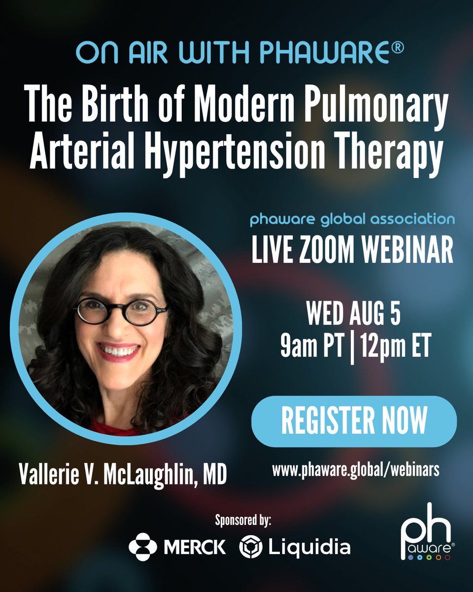 phaware's tweet photo. THE BIRTH OF MODERN PAH THERAPY - LIVE Webinar - WED AUG 5 9AM PT | 12PM ET
Dr. Vallerie McLaughlin explores the remarkable story behind prostacyclin, the 1st successfully targeted pathway for the treatment of pulmonary arterial hypertension. REGISTER NOW: https://t.co/m6Rgz86xBu https://t.co/1Dmpugjcj0