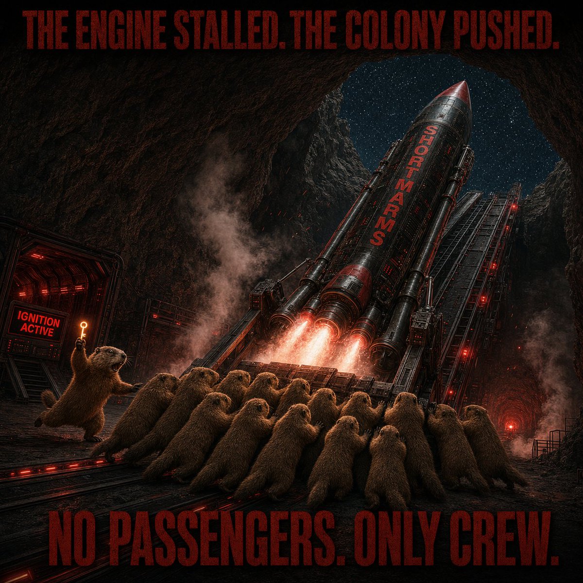 SHORTMARMS96's tweet photo. The countdown reached zero.

Nothing happened.

Gerald had forgotten the ignition key in his burrow. 🔑

The colony didn’t complain.

One marmot started pushing.
Then another.
Then every paw joined in.
The engine woke up.
Every meme.
Every repost.
Every new voice.

Another paw on the rocket.

No passengers.
Only crew.
$SHORTMARMS
#SHORTMARMS #Solana #SOL #Memecoin #Crypto #Bitcoin #Altcoins #CryptoCommunity