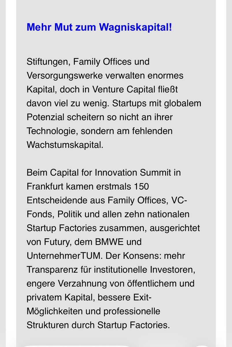 unterhuber's tweet photo. Stiftungen, Family Offices und Versorgungswerke verwalten enormes Kapital, doch in Venture Capital fließt davon viel zu wenig. Startups mit globalem Potenzial scheitern so nicht an ihrer Technologie, sondern am fehlenden Wachstumskapital. @tum https://t.co/jxsSGH9uu3