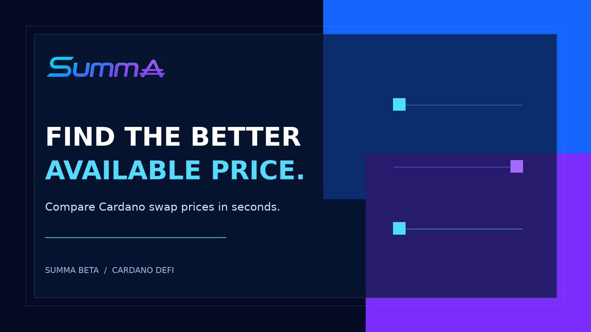 SummA_fi's tweet photo. Cardano users already know what they want to swap. Finding the better available price shouldn't mean checking every tool manually.

That's what SummA beta is built to make easier.

https://t.co/PE0JFNykLK https://t.co/9NRIOdUY7Q