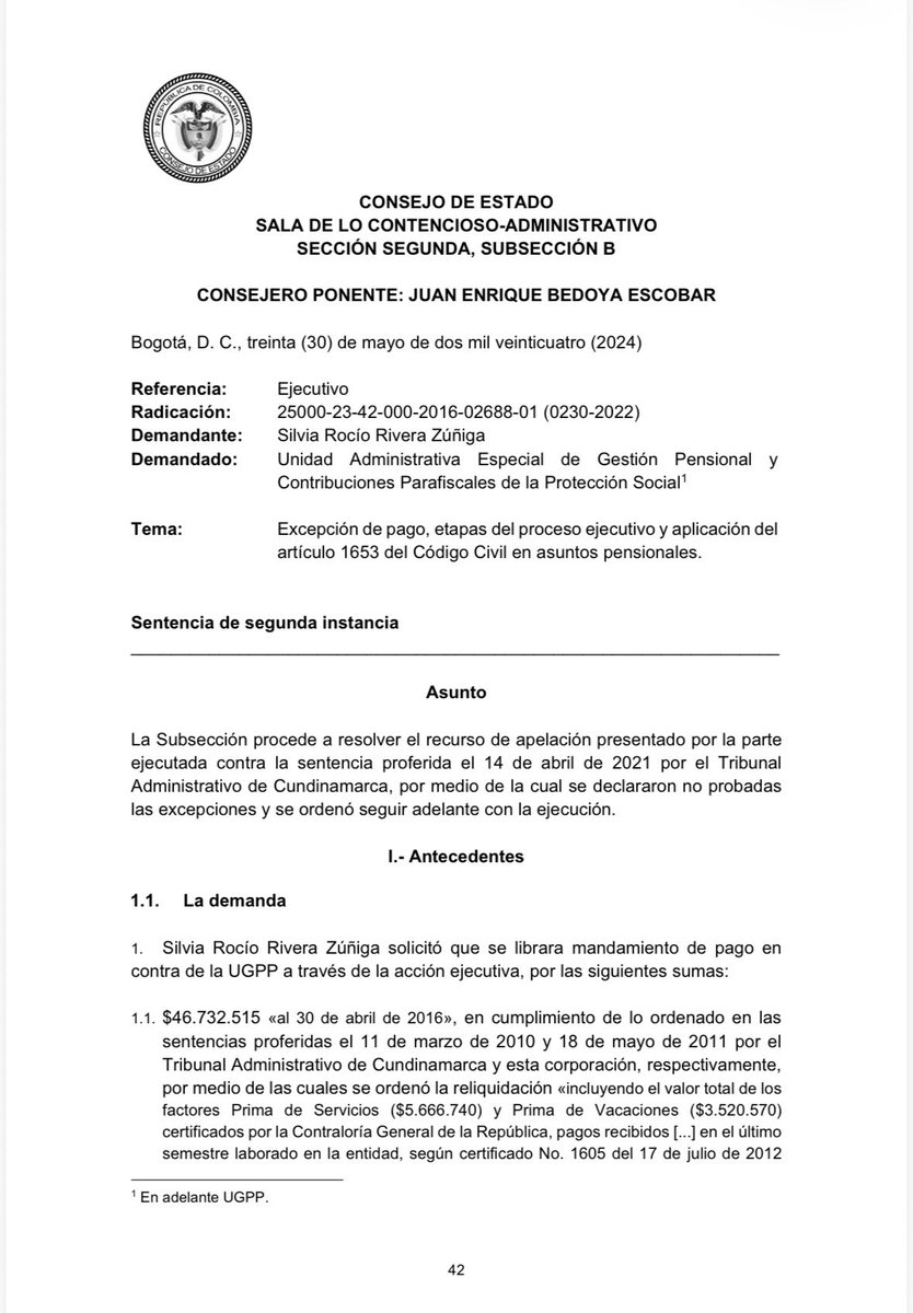 cabogadosa1's tweet photo. 📌 Derecho procesal administrativo: Proceso ejecutivo. Excepción de pago. Etapas del proceso ejecutivo. Aplicación del artículo 1653 del Código Civil en obligaciones pensionales. 

Consejo de Estado. Sala de lo Contencioso Administrativo. Sección Segunda. Subsección B. Sentencia de 30 de mayo de 2024. Rad. 25000-23-42-000-2016-02688-01 (0230-2022). M.P. Juan Enrique Bedoya Escobar.

https://t.co/IEwKyj88pF