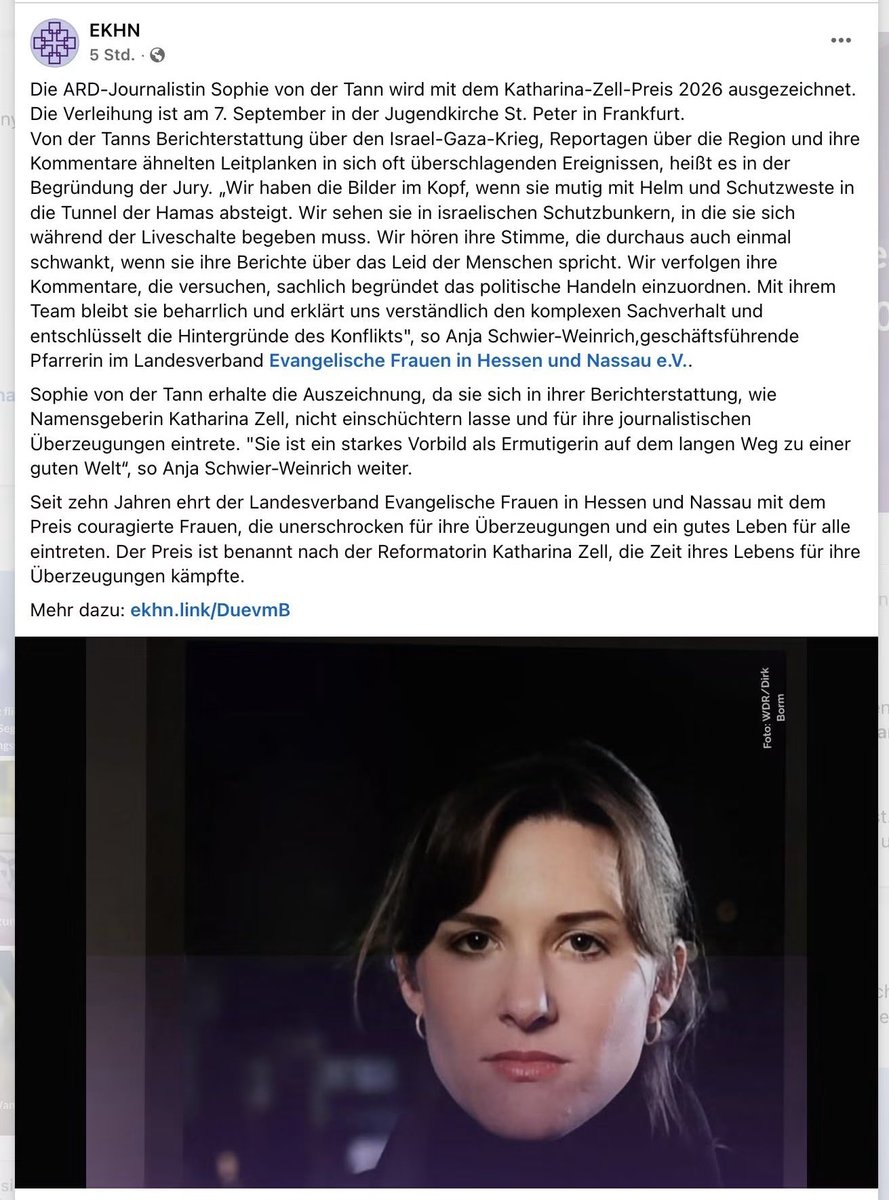 WolfMalca's tweet photo. Die @EKD und die #Juden

Juden in ganz Deutschland rebellieren gegen die einseitige, manipulierende anti-israelische Berichterstattung der #ARD-Korrespondentin @sophie_tann.

Ihre Berichterstattung schürt #Judenhass.

Die evangelischen Frauen des Landesverbandes Hessen, so berichtet @ekhn_de , scheint das nicht zu stören, sie verleihen Sophie von der Tann einen Preis.

Ob sie nicht wissen, dass #Jesus Jude war?

https://t.co/VQVlwEDSit