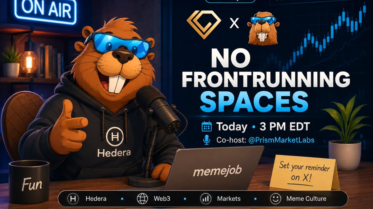 MemeJobFun's tweet photo. 🎙️ The conversation starts where the timelines stop.

Join No Frontrunning Spaces with @PrismMarketLabs today at 3 PM EDT.

We'll cover:
⚡ What's moving across Hedera
🐸 Meme ecosystem updates
📈 Market narratives worth watching

🔔 Set your reminder:
https://t.co/FEsmGTWr2s https://t.co/v3Csjqjh4X