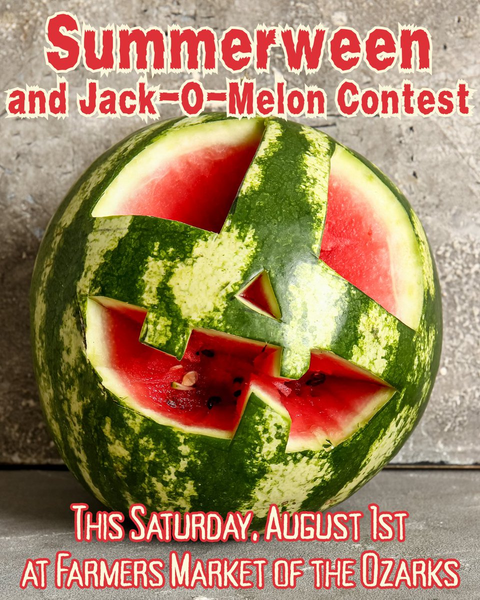 FMOzarks's tweet photo. TOMORROW IS SUMMERWEEN AT FARMERS MARKET OF THE OZARKS! Get ready for spooky s'mores, yard games, and trick-or-treating at the Market hub from 8am to 1pm. Don't forget to carve your watermelons before Market to enter them into our Jack-O-Melon contest! Winners announced at noon! https://t.co/Upj2Z42VgD