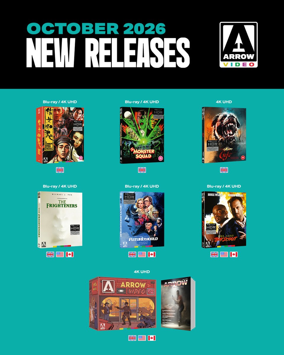 ArrowFilmsVideo's tweet photo. @hmvtweets OCTOBER 2026 RELEASES! Which are you most excited for? 💿
All pre-orders can be found here:
🇬🇧 https://t.co/BZFOMuvlyA
🇺🇸 https://t.co/XbQLkruqYH https://t.co/X3pJI9rhYG